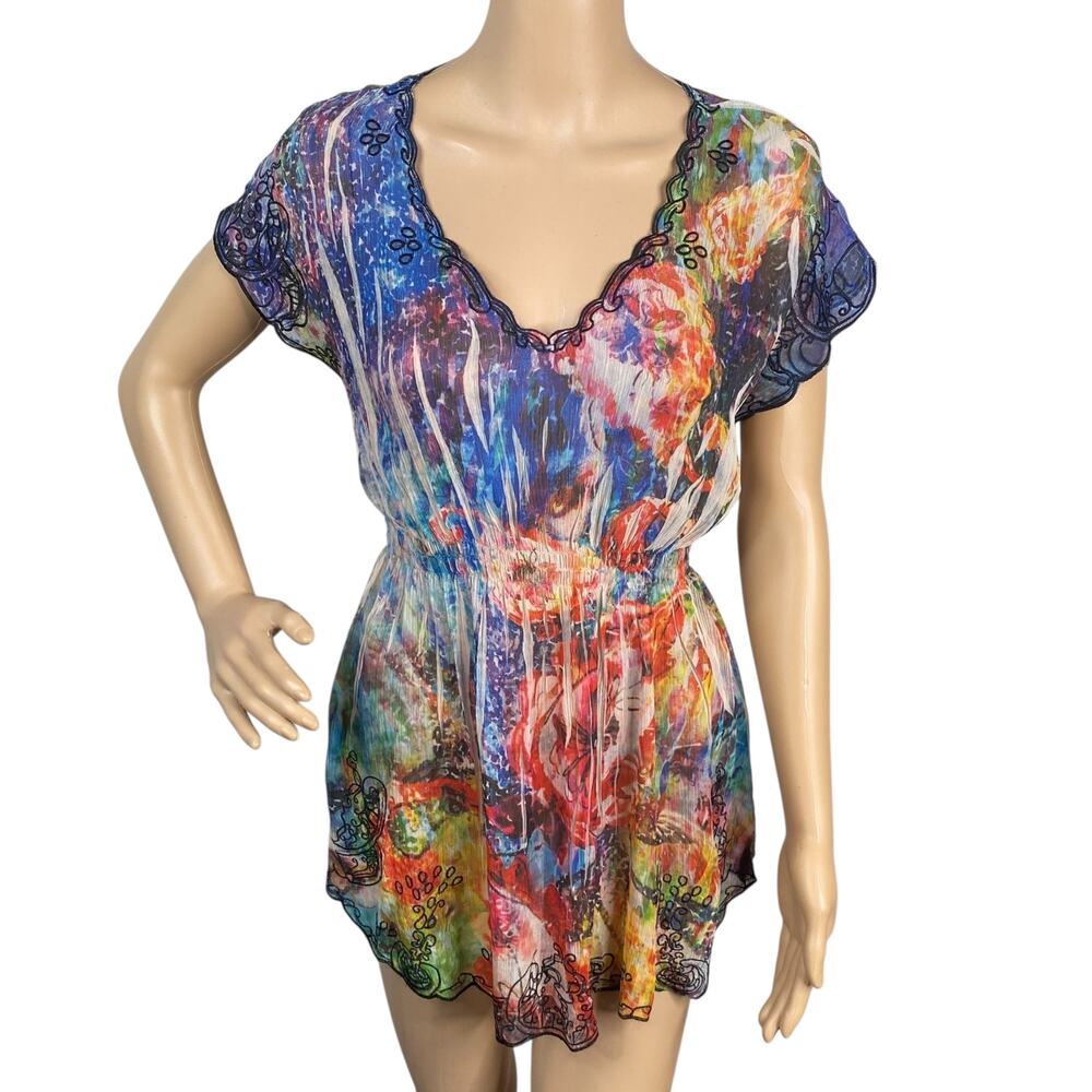 Vtg Y2K Mushka Sienna Rose Colorful Floral Embroidered Chiffon Tunic Top SZ M